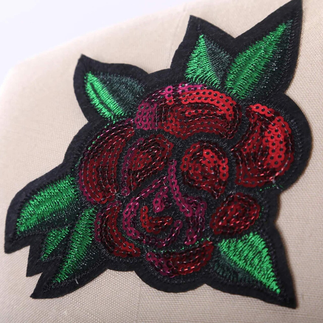 4.5" x 5" Red and Green Leaf Sequined Rose Patch Iron On Applique Embroidery